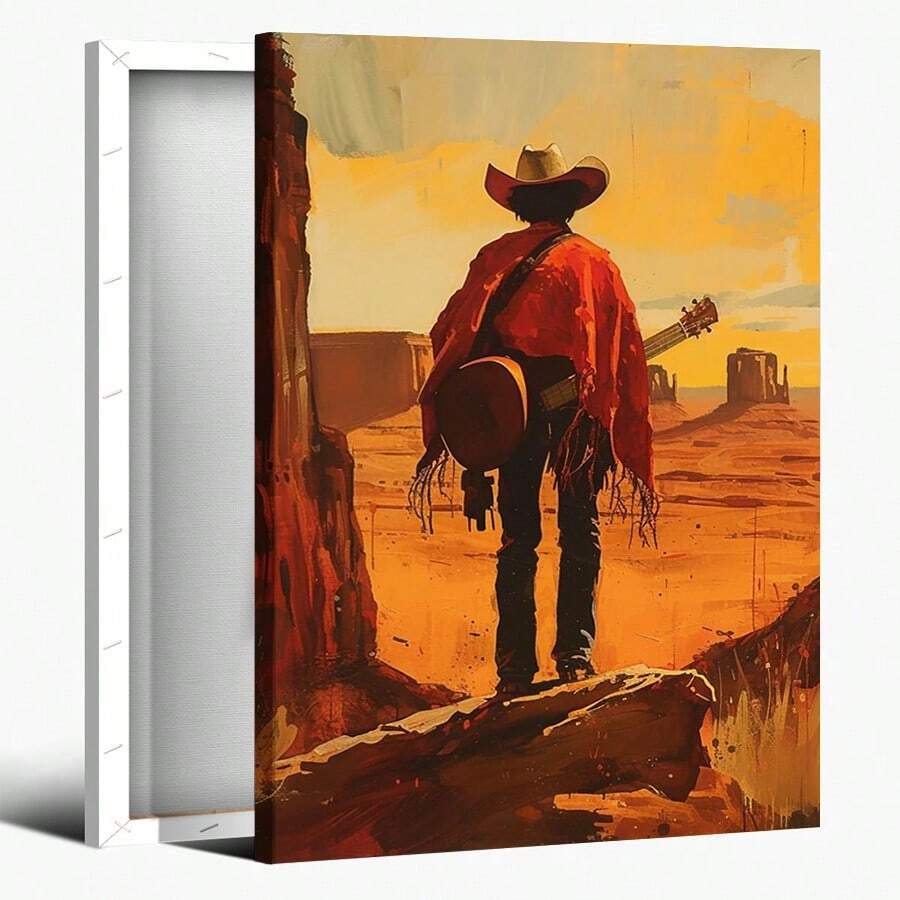 2D Flat Printing, 1pc, A Cowboy In A Red Poncho Standing On A Rocky Cliff, Carrying A Guitar Slung Over Their Shoulder, Overlooking An Orange Desert Landscape With Rock Formations Under A Warm Sunset Sky, Canvas Wall Art For Living Room, Bathroom Wall Art Bedroom Framed Wall Art Poster Art Prints Ready To Hang Pictures Home Decorations Wall Decor For Office - Multicolor - View 1