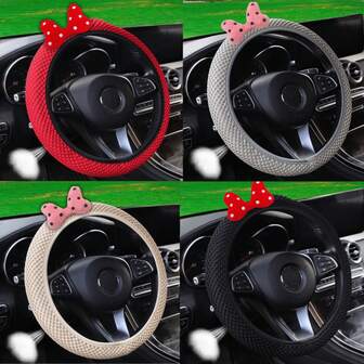 Universal 3D Massage Mesh Breathable Anti-Slip Warm Car Steering Wheel Cover, No Inner Ring Steering Wheel Cover Accessory, Suitable For 38cm/14.96in, Cute Bow Decoration Steering Wheel Cover