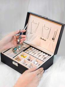 Nueva caja de joyería de gran capacidad y con cerradura, caja de almacenamiento de joyas de lujo de doble capa de piel sintética (PU), organizador de cajón de escritorio para collares, aretes, anillos, relojes, accesorios, decoración del hogar, bandeja de tocador, regalo para ocasiones especiales, regalo para ella, regalo de Navidad - Multicolor - Ver 9