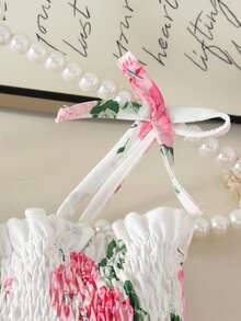 Vestido de tirantes de niña bebé con estampado de rosas rosadas de verano, decorado con lazo, estilo dulce y fresco para vacaciones, adecuado para uso al aire libre - Blanco - Ver 6