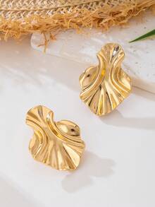 1 par de pendientes de mujer con diseño asimétrico geométrico de metal texturizado con onda y arruga - Amarillo Oro - Ver 3