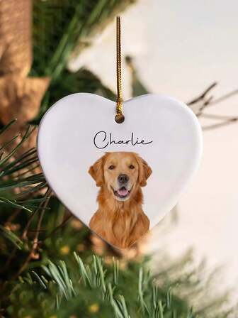 Anpassade keramiska hjärtornament med husdjursfoton och namn, personliga keramiska ornament för husdjur, juldekorationer för husdjur, unika minnessaker, presenter till husdjursälskare.