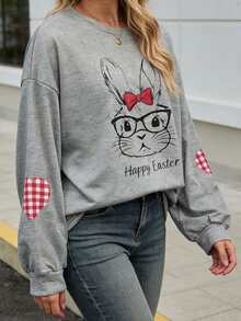 Oversized Graphic Sweatshirts For Women Easter Bunny Print Pullover Loose Fit Long Sleeve Tops For Spring Fall - Gris Oscuro - Ver 5