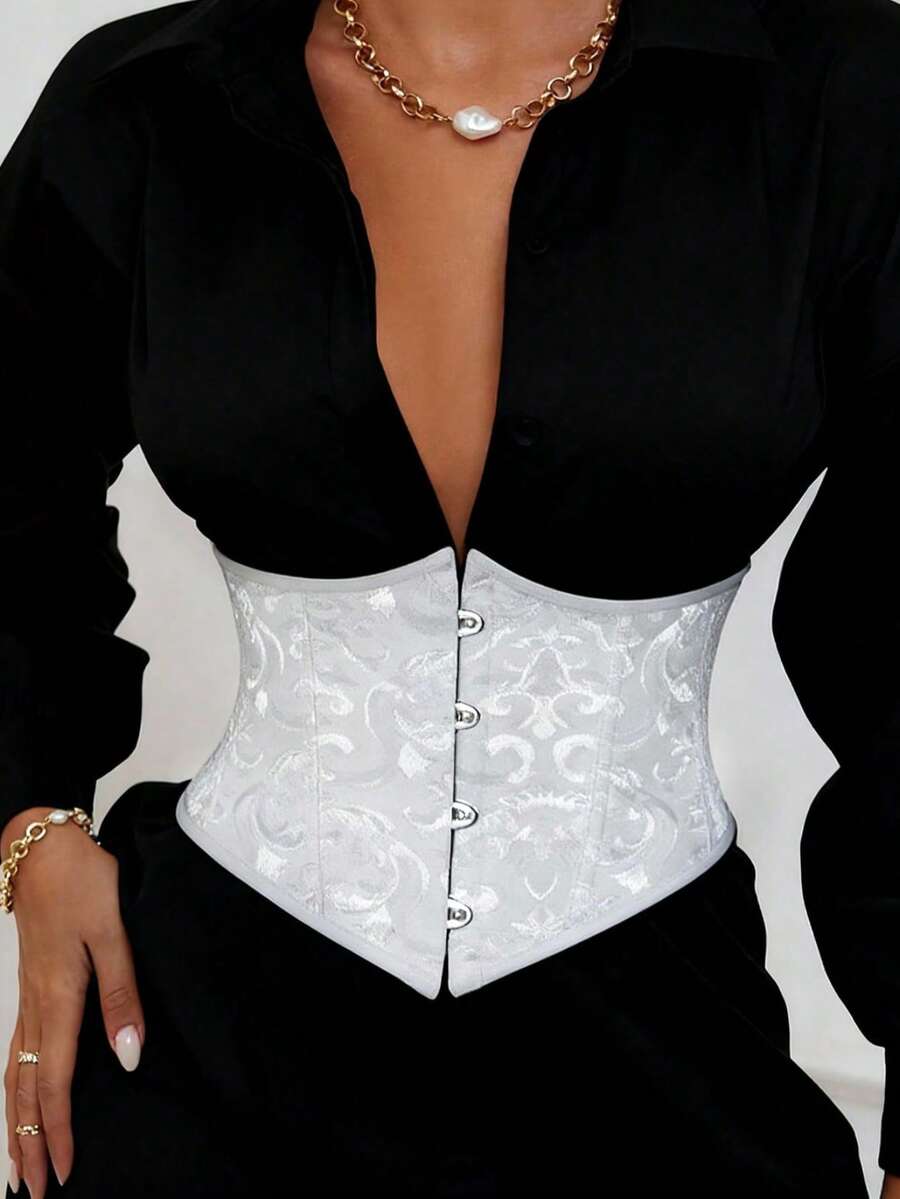 1 قطعة حزام خصر قصير مطرز للنساء، شدادة خصر للملابس الخارجية، مناسب للحفلات والاستخدام اليومي - أبيض - مشاهدة 1