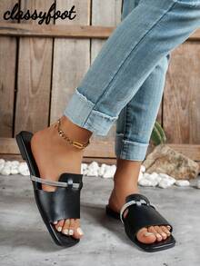 1 Pair Women's Black Crystal Fabric Flat Slide Sandals, Simple & Fashionable, Suitable For Daily Wear, Vacation, Beach - Black - View 3