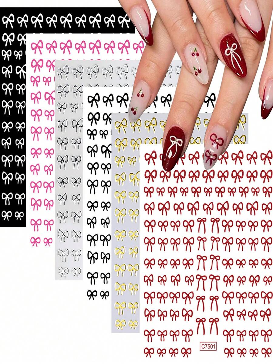 6pcs/1pc Cartoon Bow Nail Art Stickers, High Gloss Plastic Self-Adhesive Nail Stickers, Suitable For Valentine's Day, New Year And Other Holidays, Shiny Decoration, Disposable, Multiple Styles Available, Suitable For DIY Home Manicure And Salon Manicure Supplies Nails - Multicolor - View 1