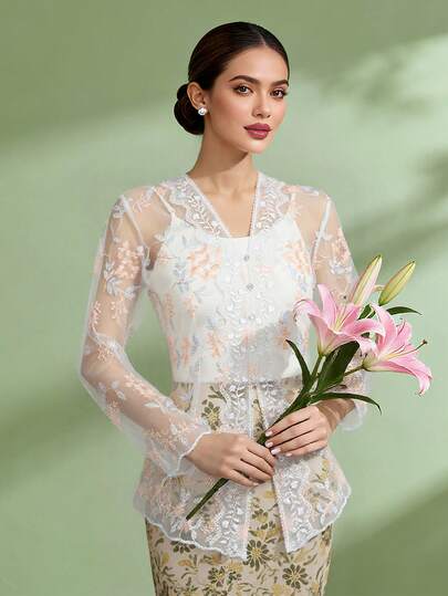 1 pieza Cárdigan de mujer de manga larga con estampado floral, encaje, parche bordado y botones delanteros, color naranja claro, para primavera/verano