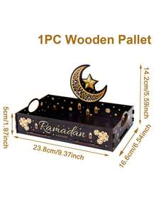 1pc Ramadan Crescent Moon & Star Wooden Tray, Party Snacks & Beverage Wooden Storage Box, Islamic Style Dessert Cake Wooden Display Tray, Arabian Style Tabletop Sweets & Snacks Wooden Serving Tray, Ramadan Blessings - Multicolor - View 2