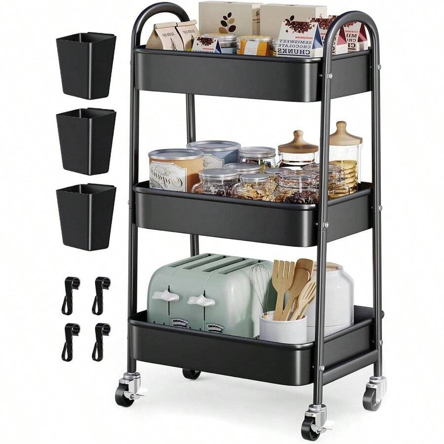 3 Tier Rolling Cart Metal With Wheels, Heavy Duty White Three Tiered Cart Organizer On Wheels, Utility Roller Storage Carts Art, Nursery, Diaper Caddy, Snack, Book, Nail, Cleaning Supplies - 神秘黑 + 3 層 + 杯 + 掛鉤 - 查看 1