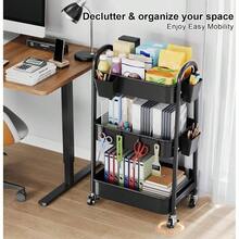 3 Tier Rolling Cart Metal With Wheels, Heavy Duty White Three Tiered Cart Organizer On Wheels, Utility Roller Storage Carts Art, Nursery, Diaper Caddy, Snack, Book, Nail, Cleaning Supplies - 神秘黑 + 3 層 + 杯 + 掛鉤 - 查看 6