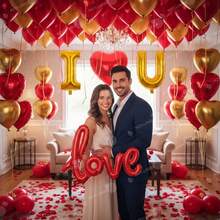 Valentine's Day Balloon Set, Red & Gold Romantic Balloon Set, Includes Polyester Film Balloons With Red Heart LOVE Design, Red Rose Petals For Hotel Decoration, Valentine's Day Party, Wedding Anniversary Supplies - Multicolor - View 6