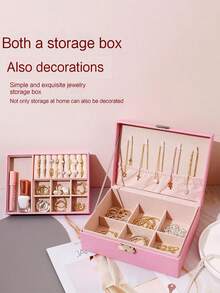 Nueva caja de joyería de gran capacidad y con cerradura, caja de almacenamiento de joyas de lujo de doble capa de piel sintética (PU), organizador de cajón de escritorio para collares, aretes, anillos, relojes, accesorios, decoración del hogar, bandeja de tocador, regalo para ocasiones especiales, regalo para ella, regalo de Navidad - Multicolor - Ver 4