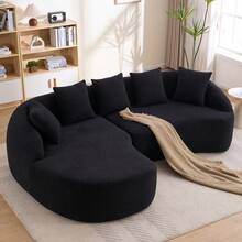YOGLAD Compression L-Shaped Modular Sectional Sofa With Curved Chaise, Boneless Cloud Couch Sleeper, Black Chenille Upholstered Deep Seat Floor Sofa With Wide Armrests, Raised Backrest & 30D High-Density Foam For Living Room, Apartment & Lounge - 黑色 - 查看 10