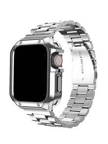 1条男女通用不锈钢金属表带 + 防摔硅胶屏幕保护膜，适用于40mm、41mm、44mm、45mm、49mm表壳，兼容 Ultra/SE11/10/9/8/7/6/5/4系列智能手表表带配件，时尚智能手表表带，适合正式场合和日常佩戴，是馈赠亲朋好友的绝佳礼物。 - 銀色 - 查看 2