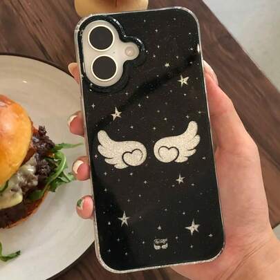 可爱简约爱心图案时尚手机壳，心形黑色闪光白色Y2K天使翅膀波点软壳，兼容 17 Pro Max、17 Pro、17、16 Pro Max、16 Pro、16、15 Pro Max、15 Pro、15、14 Pro Max、14、13、12 Pro Max、11，女孩风格春季生日礼物