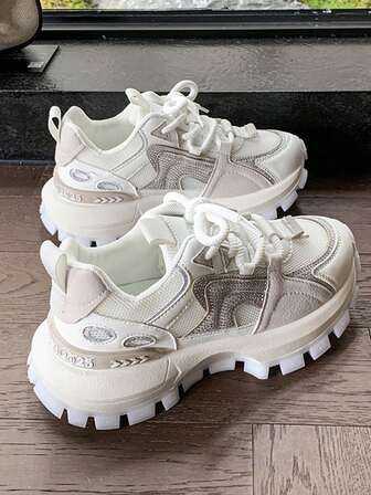 2025 Spring/Autumn Rhinestone Thick Sole Sneakers For Women, Fashionable Elevated Casual Running Shoes