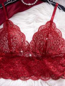情人节惊喜礼物 2 件套 女士花卉蕾丝性感内衣套装 扇形边吊带背心文胸和缎面蝴蝶结短裤 - 酒紅色 - 查看 4