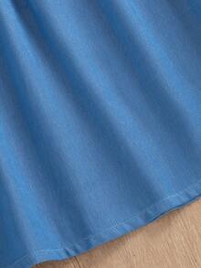 Young Girl Summer Girls Elegant Embroidered Denim-Look Lantern Sleeve Dress With Crossbody Bag Set - Blue - View 6