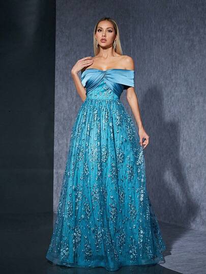 Vestido de noche de línea A con encaje floral y hombros descubiertos, con detalle de lazo de satén, elegante vestido de verano para mujeres para fiesta, graduación y boda