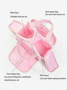 1pc Dual Wide Opening Large Capacity Fluffy Makeup Bag Multifunctional Women's Travel Handbag Portable Toiletry Organizertravel Essentials Bag For School For Vacation Holiday Back To School Supplies Travel Bag For Women Make Up Bag - 粉色 - 查看 3
