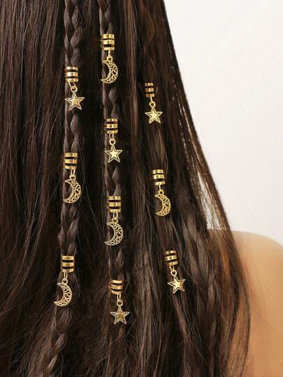 10 pièces Accessoires de cheveux décoratifs Eid Mubarak or 3D étoile et lune, pinces à cheveux bohèmes mignonnes hip hop, serre-tête, épingle à cheveux, combo étoile et lune, cadeau Eid, anneaux de cheveux de fête, tresses