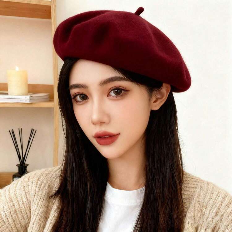 1顶女士纯色羊毛毡贝雷帽，优雅日式风格，适合日常外出和购物，黑色贝雷帽，夏季，沙滩 - 貝雷帽 - 查看 3