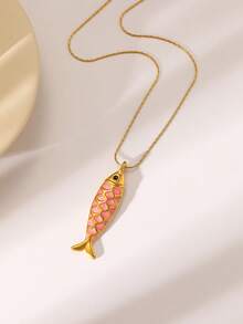 1pc Fashionable Exquisite Cute Colorful Shiny Fish-Shaped Stainless Steel Necklace, Suitable For Women's Daily Wear, Ocean Theme Series, Beach Accessory, Ideal Gift For Women's Beach Jewelry, Wedding, Engagement, Party, Halloween - Yellow Gold - View 13