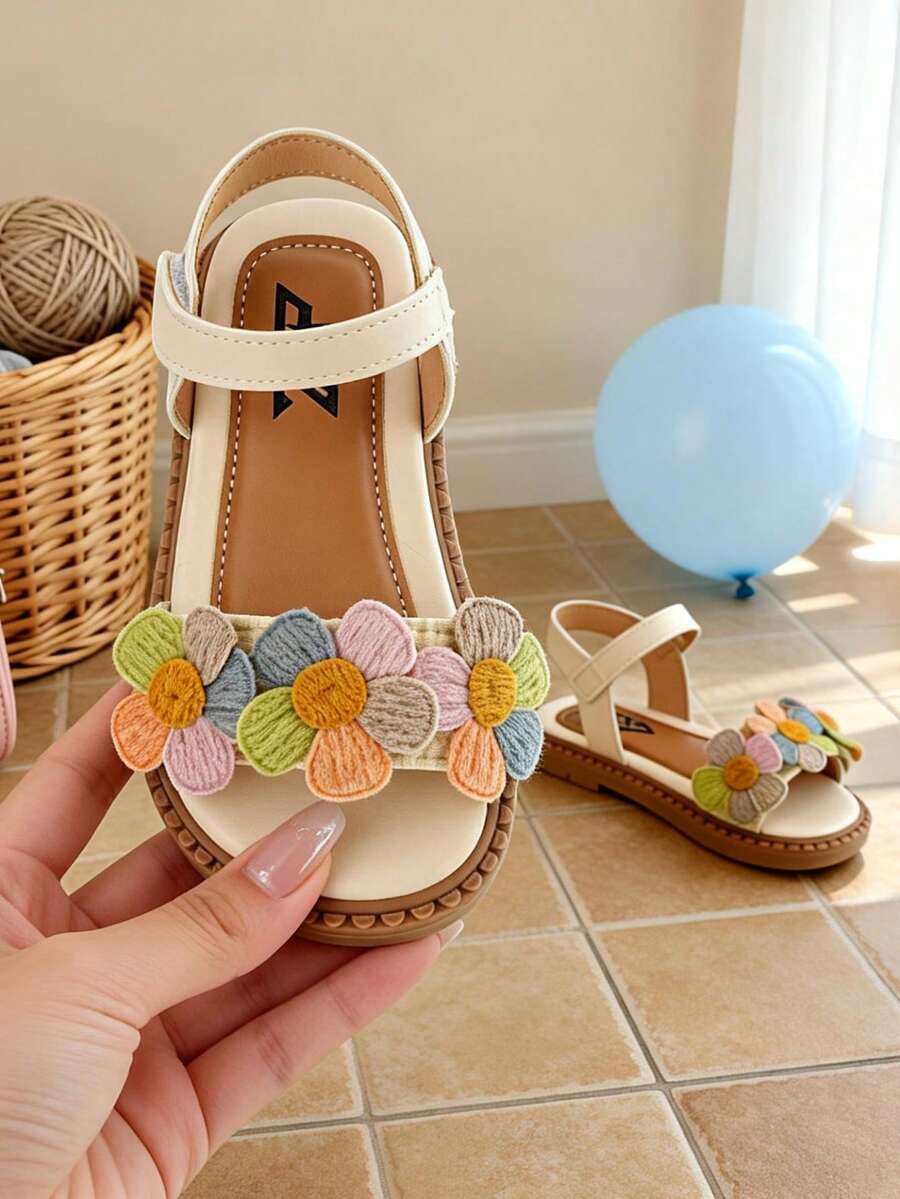 1双女童钩针花卉装饰仿皮防滑露趾踝带平底凉鞋，甜美粉彩色，适合日常休闲和夏季玩耍 - 米色 - 查看 1