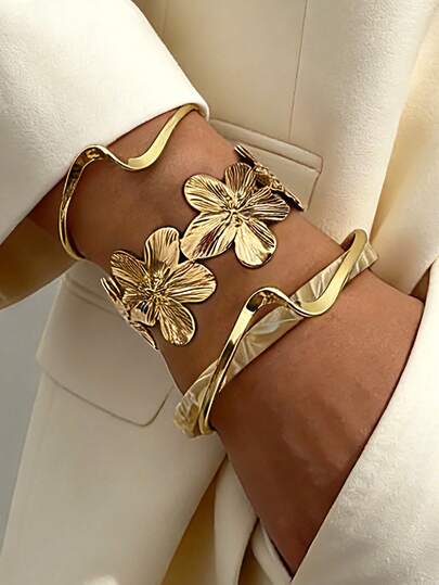 3件套复古夸张花卉几何条纹扭结开口手镯套装，适合女性日常佩戴、送礼和叠戴