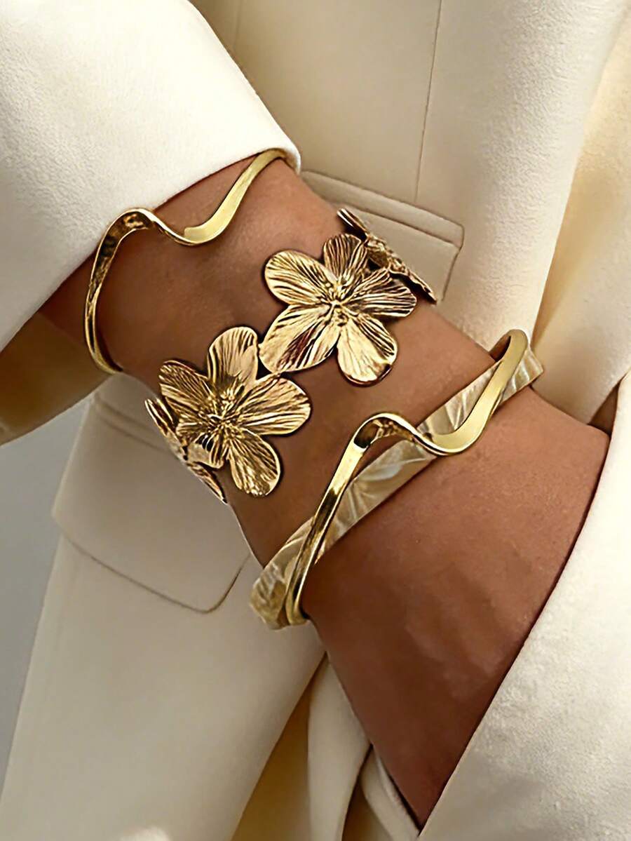 Bộ 3 vòng tay kiểu cổ điển, họa tiết hoa, hình học, sọc xoắn, thích hợp cho nữ giới đeo hàng ngày, làm quà tặng và phối hợp nhiều vòng. - Vàng 25 - Xem 1