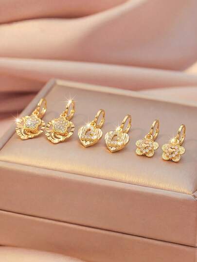 3styles Fashionable Popular Heart/Five-Petal Flower Double Pendant Drop Earrings Suitable For Girls Daily Versatile Jewelry For Children Bityhday Gift Matching All Occasions And Seasons