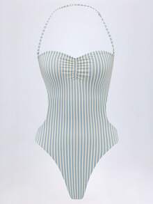 Striped One Piece Swimsuit Women Tummy Control Bandeau Bathing Suit Y2K Backless Slimming Shapewear Swim Suits Swimwear - 青檸色 - 查看 2