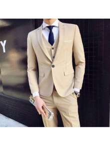 Men Suit Set,Groom's Three-Piece Suit, British Casual Business Suit, Men's Wedding Attire, Groomsman's Suit, Slim Fit And Handsome. - 卡其色 - 查看 2