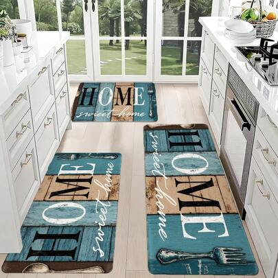 Cozy Home Wooden Texture Kitchen Rug With 'HOME' & 'sweet Home' Text, Silver Utensils Spoon Fork, Light Blue Brown Color Scheme - Perfect For Warm Inviting Kitchen Decor
