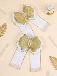 2pcs Delicate White & Gold Ribbed Hair Bows For Girls - Glitter Gold Bow & Pearl Trim Hair Clips ,Alligator Clips ,Kids Teens Hair Barrettes , Luxe Gentle Daily Hair Accessories - Multicolor - View 2