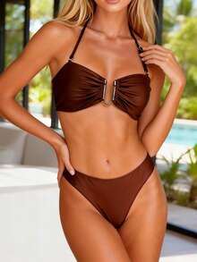 Women Summer Thong String 2 Piece Bikini Set Cheeky Halter Swimsuit - Brown - View 3