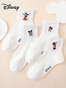 4 Pairs Of Embroidered Disney Sock Series Patterned Fun Cartoon Ladies' Mid-Calf Socks, Sports Socks, Four-Season Style - White - View 3