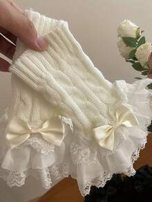 1 Pair Fashion Lace Trim Knitted Arm Warmers, Cute Versatile Bow Cuff Sleeves, Chic Cable Knit Faux Sleeves - Multicolor - View 11