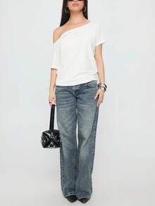 Women Y2k Off Shoulder Shirt Casual Short Sleeve Solid Color Loose Fit Crop Top Vintage Striped One Shoulder Tee Summer Streetwear Going Out Blouse  Daily Wear - 白色 - 查看 6