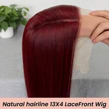 99J 酒红色长直顺滑合成蕾丝前假发，女士款，预先拔毛漂白发际线，适合角色扮演、日常派对，耐热纤维 - 彩色 - 查看 16