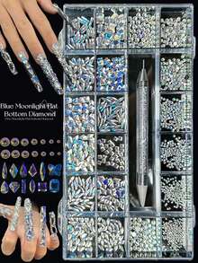 KIRAME 21 Compartments DIY Nail Art K9 Glass Moonlight Flat Bottom Rhinestone Set - 30pcs High Gloss Rhinestones Per Style, Includes 1 Dotting Pen, Nail Gems, Suitable For Nail Salons, Home Manicure, Nail Supplies, Christmas, New Year, Valentine's Day Nails, Holiday Gifts, Also For Crafts, Clothing, Textiles, Shoes, Glassware, Jewelry Making - Multi-Size Sparkling Decorations - 藍白色 - 查看 6