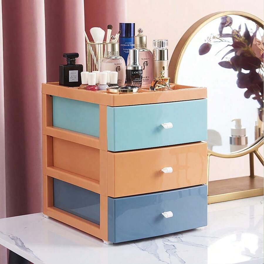 LIVINGANDHOME Living And Home 1 Piece Multifunctional Desktop Storage Box 3 Drawers Colourful PP Soft Silicone Handle Office Home Organising - 3-tier Colorful - View 1