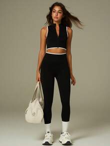 UONNOU Bộ đồ thể thao nữ 2 món, áo tank top và quần legging định hình vóc dáng. - màu đen - Xem 8