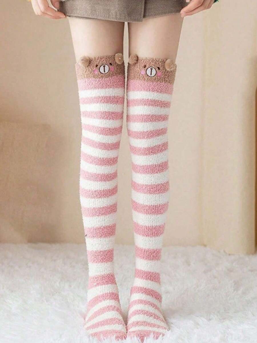 1 Pair Women's Cartoon Cute Thigh High Socks With Thermal Lining, Striped Over-The-Knee Socks