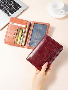 1pc Vintage Leather Multi-Functional Card Holder, Passport & Ticket Protector, Zipper ID Case In Coffee, Brown, Black, Pink, Red