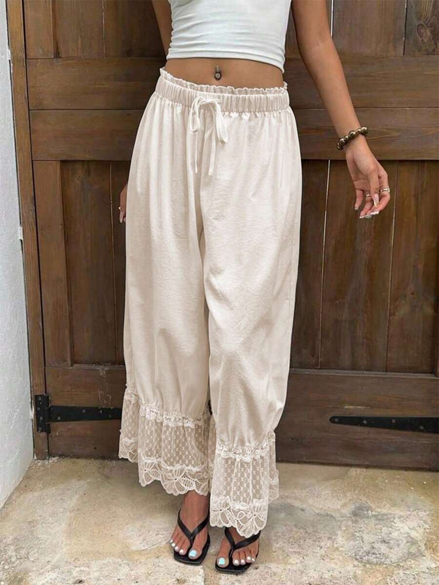 Women Lace Long Bloomers Pettipants Elastic Waist Lace Patchwork Slip Under Dress Pantaloons Trousers Cute Ruffle Pumpkin Pants - 杏色 - 查看 1