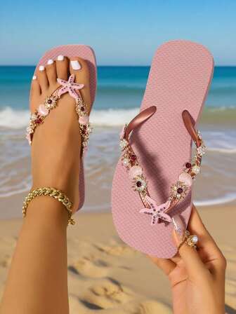 OXLL Dammode Strandsnäckor, Sjöstjärnor, Korall Havselement Strass Metallkedja Flip-flops, Mjuka Halkfria Sulor, Avtagbar Dekorativ Kedja, Lämplig För Strandsemester, Sommar