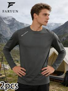 男士户外休闲圆领长袖T恤，纯色简约百搭舒适透气套头衫 - 深灰色 - 查看 5