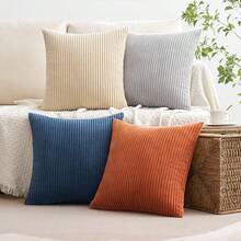 [Free Shipping]MIULEE Boho Farmhouse Throw Pillow Covers 18x18 Inch Set Of 4 Summer Mordern Neutral Cushion Covers Soft Corduroy Nordic Home Decor For Couch Bed Sofa Living Room Blue-Yellow - 藍黃色 18吋 x 18吋 4件裝 - 查看 3