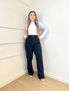 Calça Wide leg   Casual    Jeans    Zíper  Bolso  Botão    Escritório  Férias - Preto - Visão 2